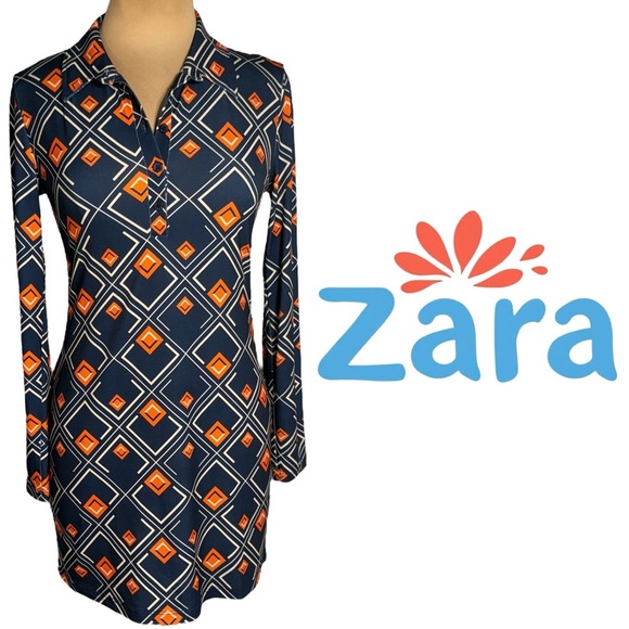 ZARA navy and orange retro mod geo print tunic top mini dress Size Medium - Picture 1 of 10